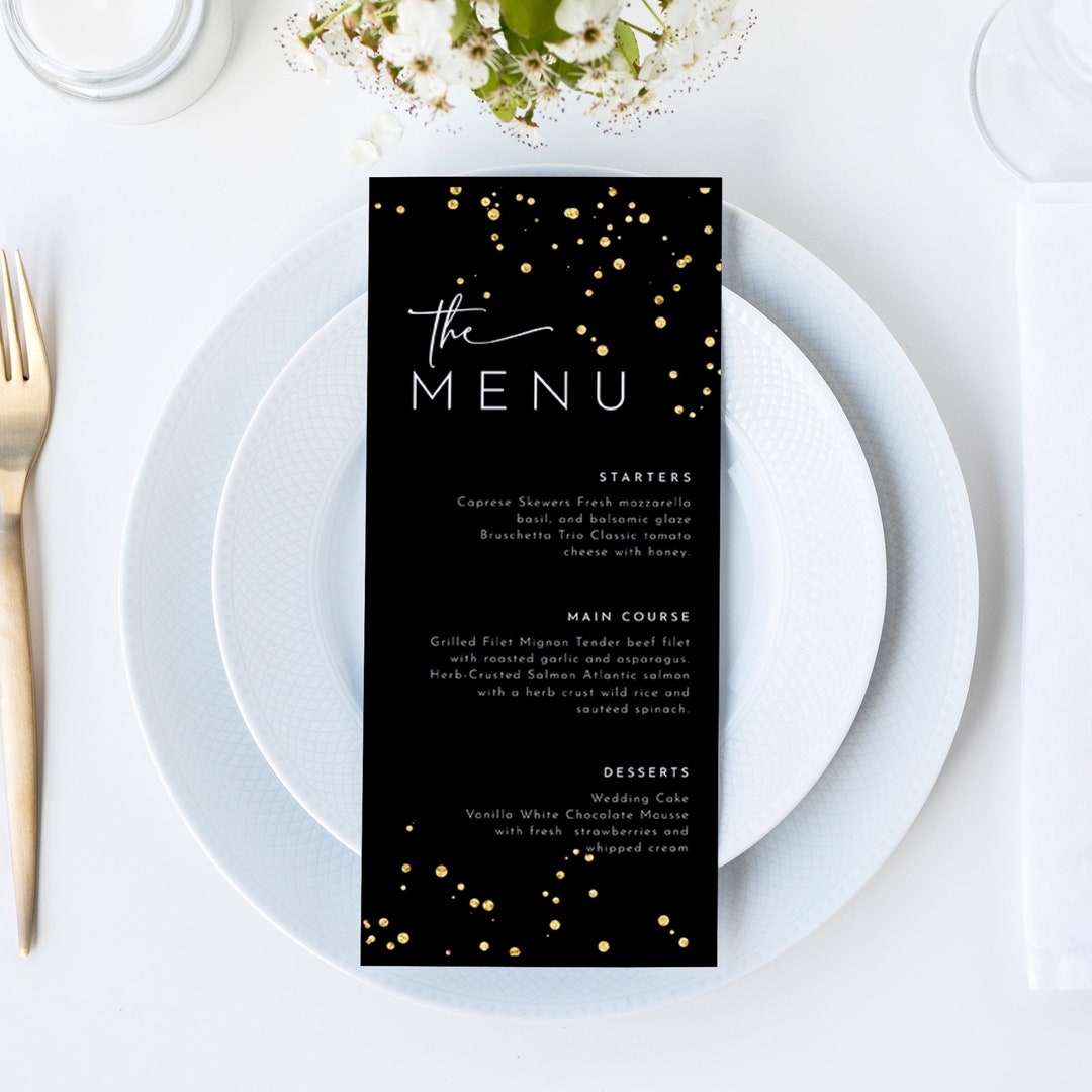 Minimalist Black Wedding Menu Template Gold Glittery Party Menu