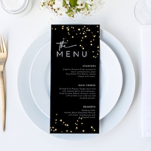 Minimalistische zwarte bruiloft menusjabloon gouden glittery feestmenu afdrukbare bruiloft menu receptie dinermenu bewerkbaar verjaardagsmenu J47