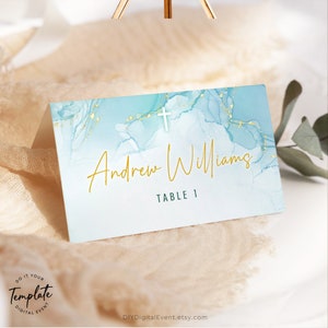 Plantilla de tarjeta de lugar de bautizo editable Aqua Gold bautismo asientos lugar tarjetas plan bautizo plan de asientos religiosos tarjeta de mesa moderno J17