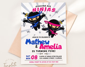 Editable Twin Ninja Birthday Invitation Template Printable Ninja Warrior Birthday Invite Karate Boy Girl Birthday Party Martial Arts J26