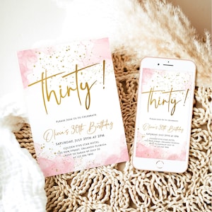 Verjaardagsuitnodiging meisje afdrukbare 30e verjaardagsfeestje uitnodigen bewerkbare sjabloon Blush roze goud glittery confetti dertig verjaardagskaart J62