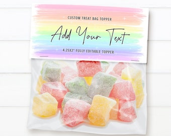 Plantilla de adorno de bolsa de regalo de arco iris, diseño de bolsa de regalo de favor editable para cumpleaños, pegatina de baby shower, etiqueta de bolsa de regalo de cumpleaños imprimible J8