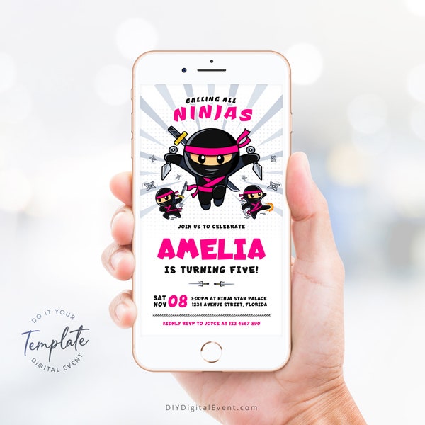 Pink Ninja Birthday Electronic Invitation Template Editable Ninja Warrior Birthday Invite Karate Girl Birthday Martial Arts Party Evite J26