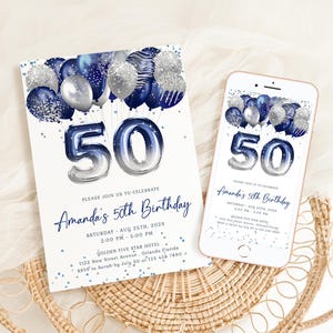 Modello di invito modificabile per il 50° compleanno Palloncini blu navy e argento Invito per il 50° compleanno Stampabile Festa di compleanno per bambina e ragazzo J61