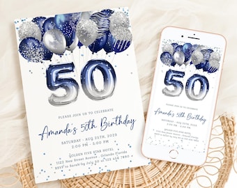 Editable 50th Birthday Invitation Template Navy Blue and Silver Balloons Fifty Birthday Invite Printable 50th Girl Boy Birthday Party J61