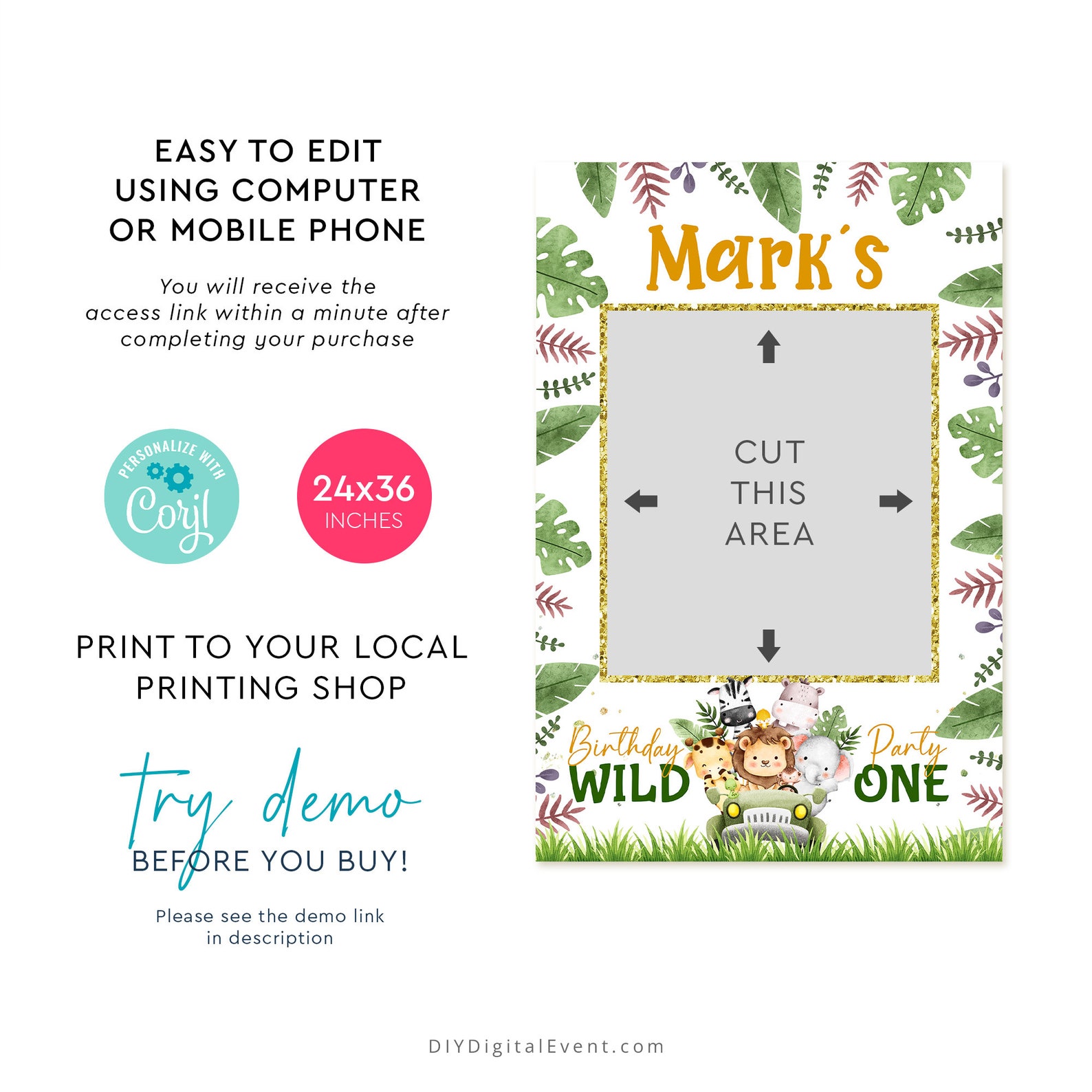 Editable Wild One Photo Booth Frame Template Jeep Safari Etsy