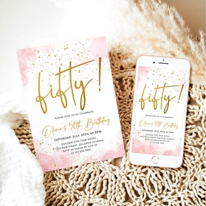 Meisje verjaardagsuitnodiging afdrukbare 50e verjaardagsfeestje uitnodigen bewerkbare sjabloon Blush roze gouden glittery confetti vijftig verjaardagskaart J62