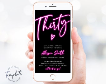 Neon 30th Birthday Invitation Template, Simple 30th Birthday Digital Invitation, Electronic Birthday Invite, Editable Birthday Invitation