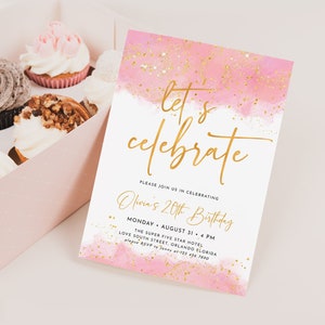 Plantilla de invitación editable para fiesta Let&#39;s Celebrate, invitación para fiesta de cumpleaños sorpresa en color rosa y dorado de ensueño para los años 20, 30, 40 y 50 de cualquier edad J49