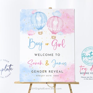Gender Reveal Willkommensschild Bearbeitbarer Heißluftballon Gender Reveal Sign Er oder Sie Junge oder Mädchen Baby Reveal Dekore Printable Willkommensschild GR1