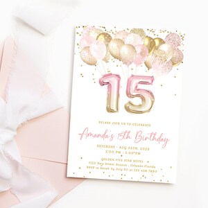 15th Birthday Invitation | Pink & Gold Glitter Balloon Evite | Editable Golden Birthday Party | Girl Party | Printable Digital Download J36 image 8
