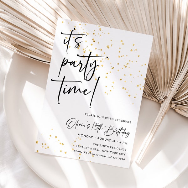 Minimalist Adult Party Time Invitation Template Editable It's Party Time Birthday Invite Printable Surprise Party Any Age Gold Glittery J47