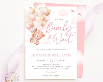 We Can Bearly Wait Baby Shower Invitation Template Printable Baby Shower Bear Balloon Invite Editable Baby Shower Invite Pink Bear Baby J10