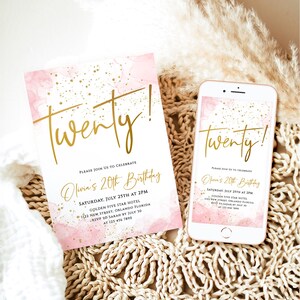 Verjaardagsuitnodiging meisje afdrukbare 20e verjaardagsfeestje uitnodigen bewerkbare sjabloon Blush roze goud glittery confetti Twintig verjaardagskaart J62