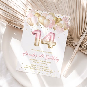 Modelo de convite editável de 14 anos, balões brilhantes rosa dourados, convite de 14 anos para impressão, número 14, festa de aniversário de menina j36