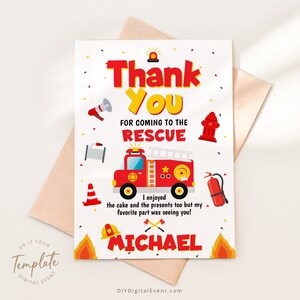 Plantilla de tarjeta de agradecimiento de cumpleaños de camión de bomberos Tarjeta de agradecimiento imprimible de camión de bomberos con foto editable Tarjeta de cumpleaños de niño bombero Tarjeta de bombero J29