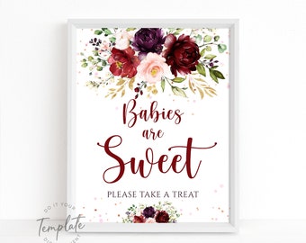 Babies are Sweet Please Take a Treat Sign Burgundy Floral Sign Printable Baby Shower Sign Baby Girl Favors Gifts Sign Table Sign Card J31