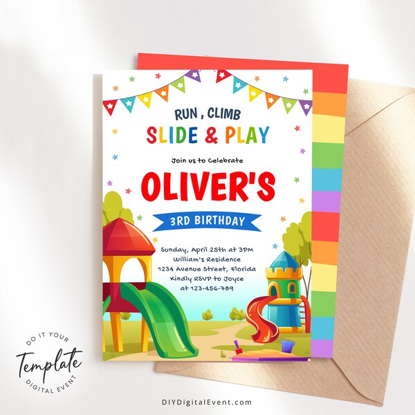 Playground Birthday Invitation Template Editable Kids Park Invite Slide and Swing Outdoor Birthday Party Printable Boys Girls Playground J27