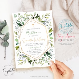 Printable Baptism Invitation Template, Greenery Christening Invitation Template, Editable Baptism Invite, Geometry, Baptism Photo Invitation