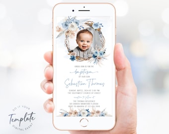 Electronic Baptism Invitation Template, Blue Boho Christening Invitation Template, Editable Baptism Evite, Boho Baptism Photo Invitation BT7