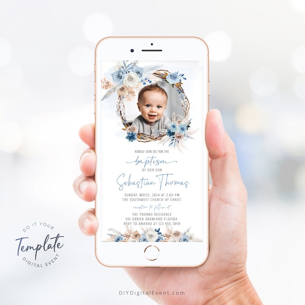 Electronic Baptism Invitation Template, Blue Boho Christening Invitation Template, Editable Baptism Evite, Boho Baptism Photo Invitation BT7