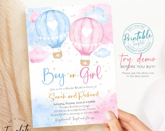 Hot Air Balloon Gender Reveal Invite, Gender Reveal Invitation Template, He or She, Boy or Girl Invite Template, Printable Gender Reveal GR1