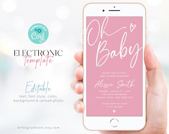Electronic Baby Shower Invitation Template, Minimalist Baby Shower Template, Oh Baby Shower Invitation, Editable Baby Shower Invite Template