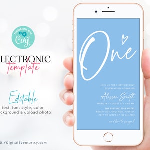Electronic Birthday Invitation, Minimalist First Birthday Invitation Template, 1st Birthday Invite, Editable Birthday Invitation Template