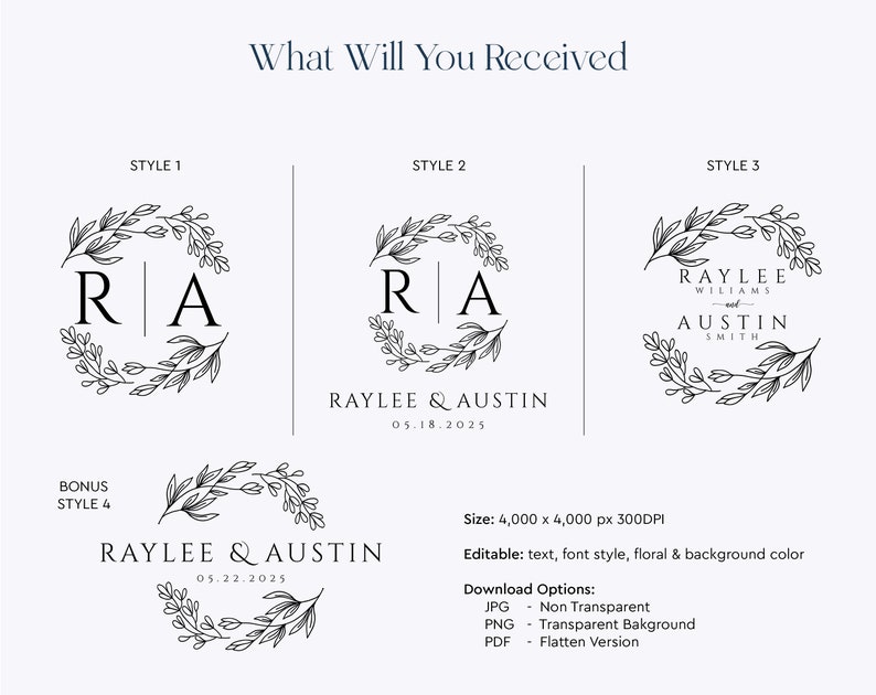 Wedding Monogram Logo | Elegant Floral Initial Design | Custom Bride ...