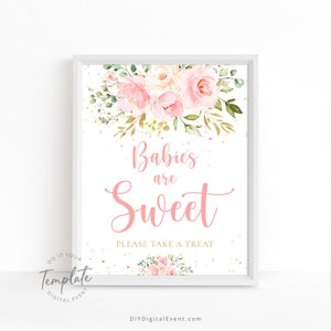 Les bébés sont doux, prenez une gâterie signe floral rose blush signe baby shower imprimable signe faveurs cadeaux signe de table signe carte J30
