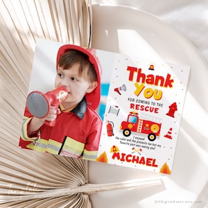 Modelo de cartão de agradecimento de aniversário de caminhão de bombeiros editável para impressão Caminhão de bombeiros com foto Cartão de agradecimento Bombeiro Menino Cartão de bombeiro de aniversário J29