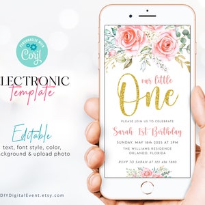 Blush Pink Rose First Birthday Invitation Template, Electronic Birthday Invite, Baby Girl Birthday Invite, Floral First Birthday Evite, F1