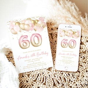 Editable 60th Birthday Invitation Template Gold Pink Glittery Balloons Sixty Birthday Invite Printable Number 60 Girl Birthday Party J36