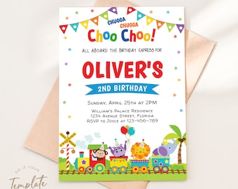 Pode incluir: Um convite colorido para uma festa de aniversário de 2 anos com tema de trem. O convite apresenta um trem com animais nele, incluindo um macaco, um hipopótamo, um leão e um elefante. O texto no convite diz "Choo Choo! All aboard the birthday express for Oliver's 2nd Birthday. Sunday, April 25th at 2PM. William's Palace Residence, 1234 Avenue Street, Florida. RSVP to Joyce at 123-456-789."