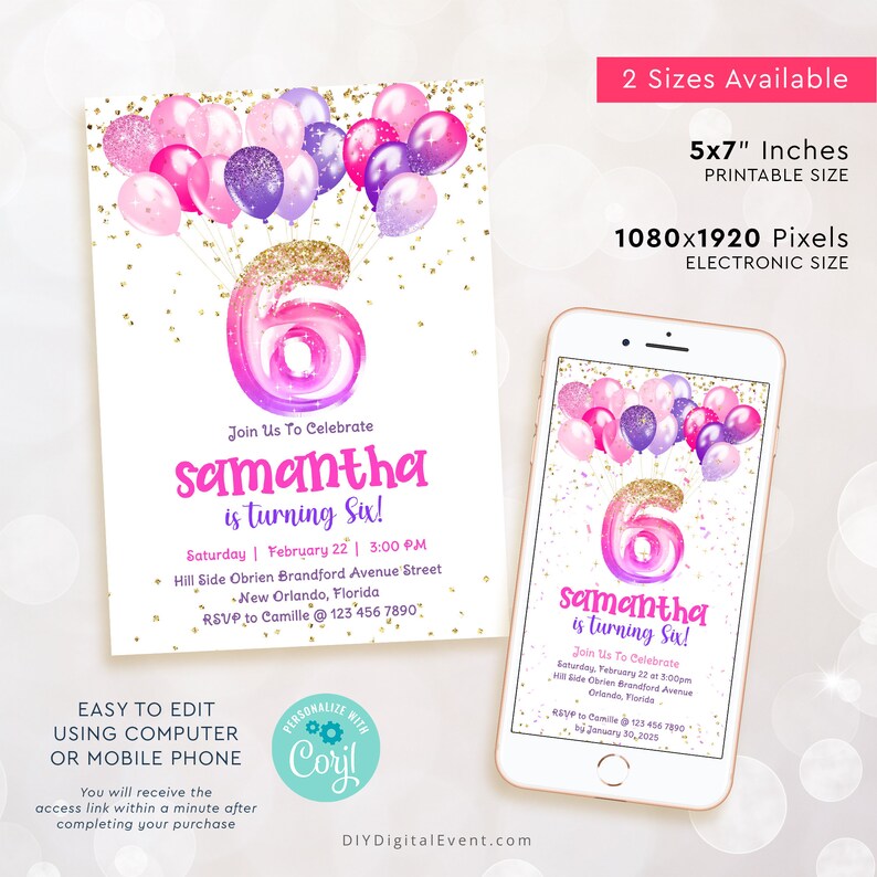 Purple Pink Glittery Balloons 6th Birthday Invitation Template. Printable and Electronic Invite.