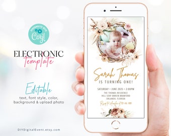 Electronic 1st Birthday Invitation Template, First Birthday Invite, 1st Birthday Invitation, Boho Birthday Invite Editable Birthday Template