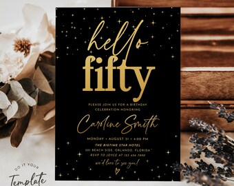 Editable 50th Birthday Invitation Template Printable Gold Fifty Birthday Invite 50th Minimalist Birthday Invite Simple Gold & Black BA19