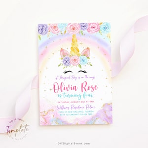 Editable Unicorn Birthday Invitation Template Magical Rainbow Unicorn Party Printable Invite Glitter Pink Gold Electronic Girl Evite J15