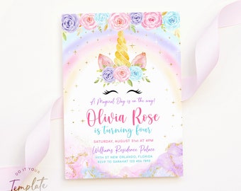 Editable Unicorn Birthday Invitation Template Magical Rainbow Unicorn Party Printable Invite Glitter Pink Gold Electronic Girl Evite J15