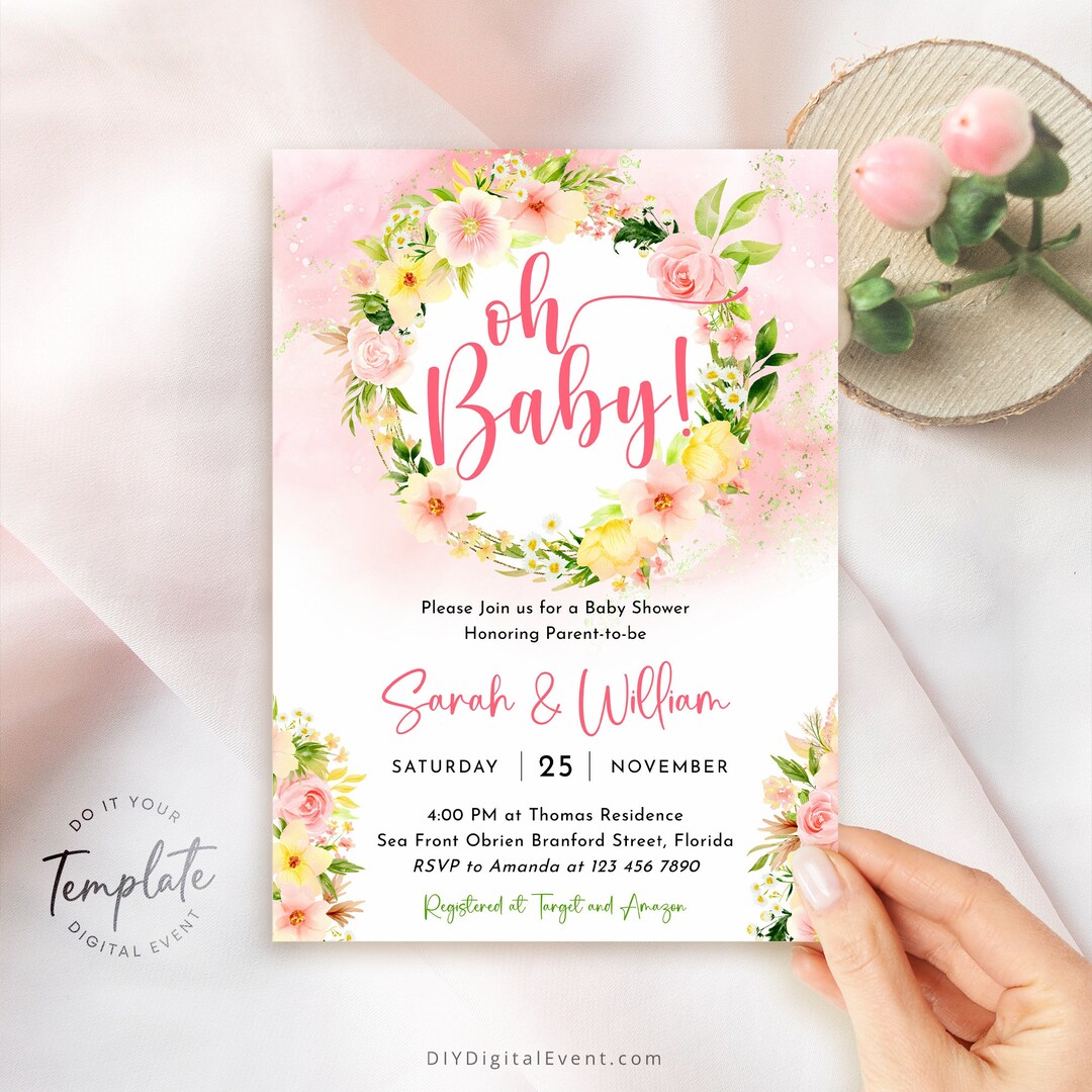 Editable Baby Shower Invitation Template Garden Floral Flower Oh Baby ...