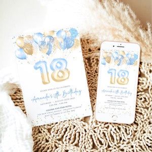 Editable 18th Birthday Invitation Template Blue Gold Glittery Balloons Birthday Invite Girl Boy Eighteen Birthday Party Digital Invite J59