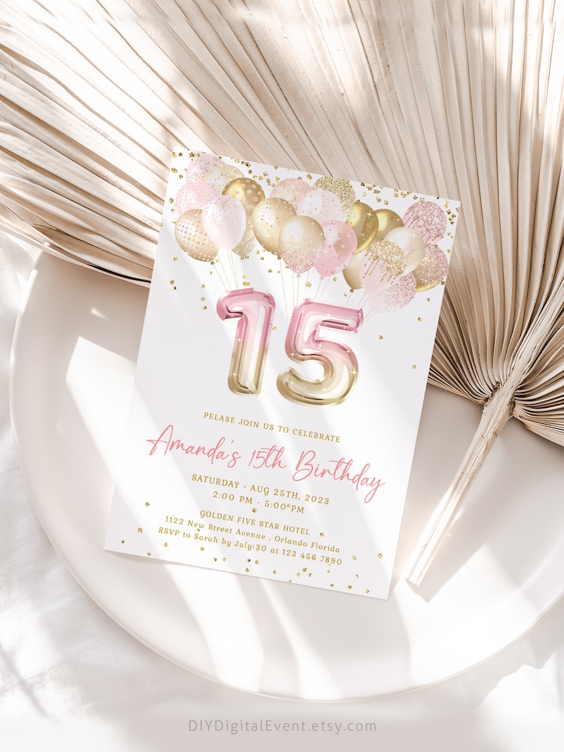 15th Birthday Invitation | Pink & Gold Glitter Balloon Evite | Editable Golden Birthday Party | Girl Party | Printable Digital Download J36 image 1