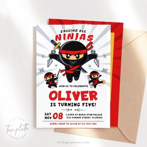 May include: A red and white birthday invitation featuring a cartoon ninja character. The invitation reads "Calling all Ninjas" and "Oliver is turning five!" The invitation includes the date, time, and location of the party.