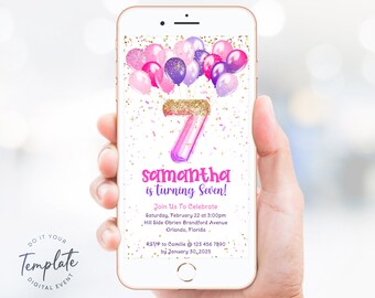 Pink 7th Birthday Invite Template, Glittery Purple Pink Balloons Seventh Birthday Invitation, Electronic Balloon Number 7 Birthday Editable
