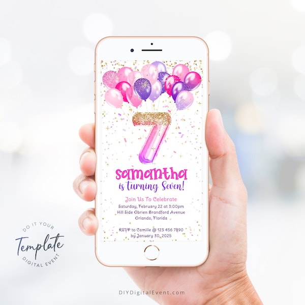 Pink 7th Birthday Invite Template, Glittery Purple Pink Balloons Seventh Birthday Invitation, Electronic Balloon Number 7 Birthday Editable