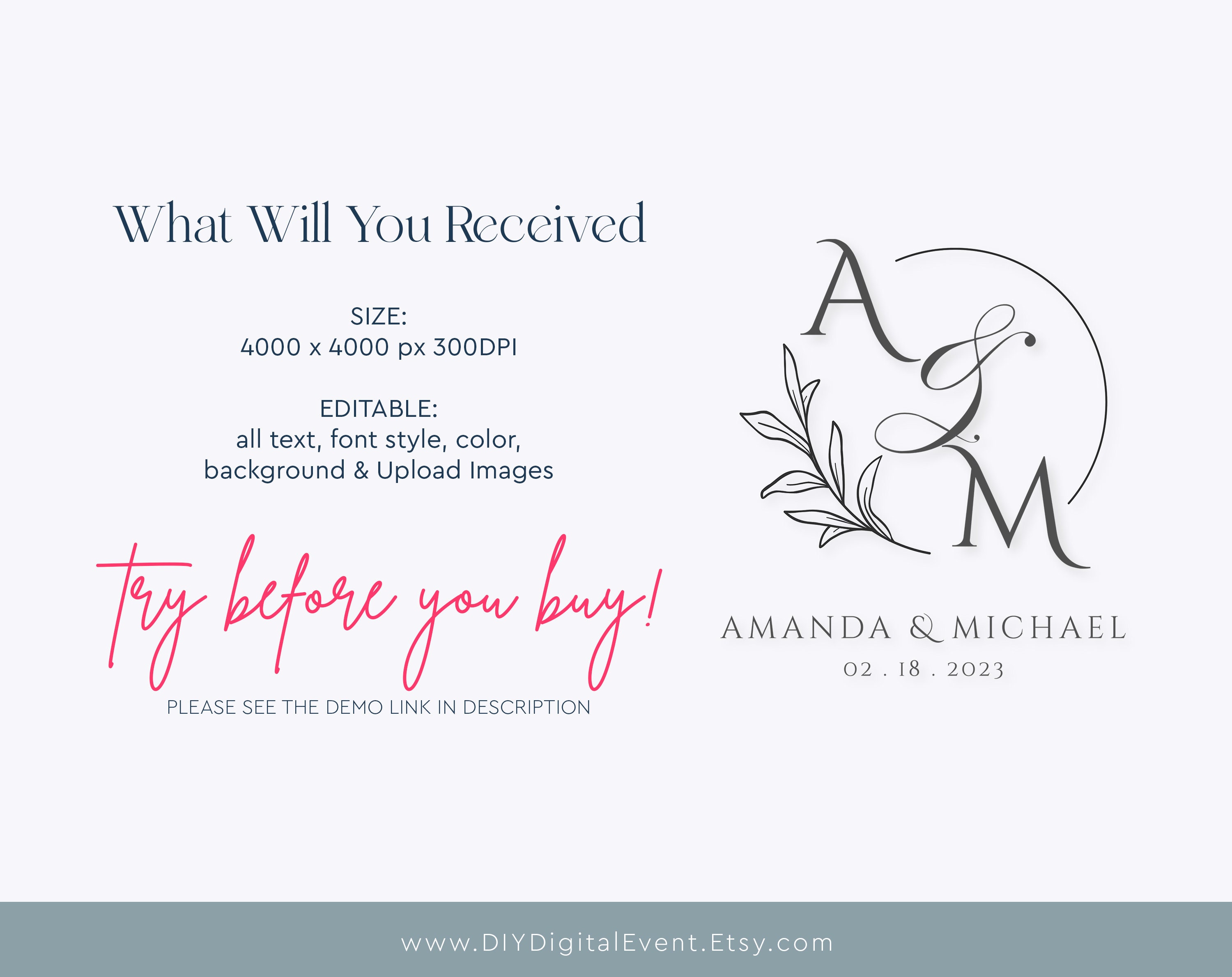 Wedding Monogram Logo | Elegant Floral Initial Design | Custom Bride ...