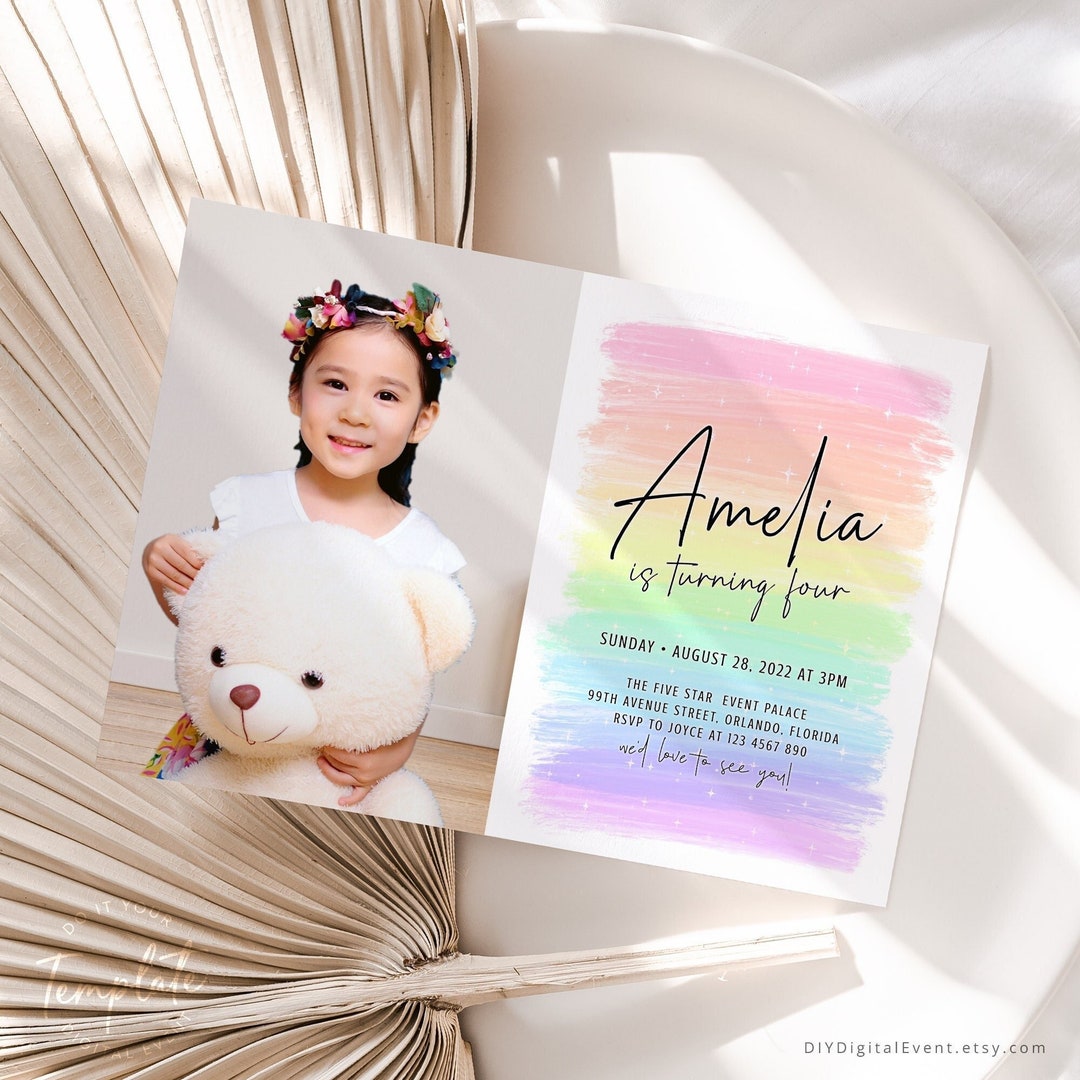 Rainbow Birthday Invitation Template With Photo Editable Colorful