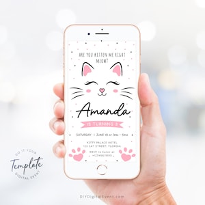 Modèle d'invitation d'anniversaire électronique chaton chaton fête d'anniversaire chaton inviter chat rose visage Evite téléchargement immédiat J41