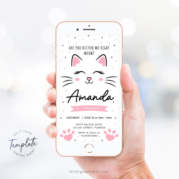 Electronic Kitty Cat Birthday Invitation Template Editable Kitten Birthday Party Cat Party Invite Pink Cat Face Evite Instant Download J41