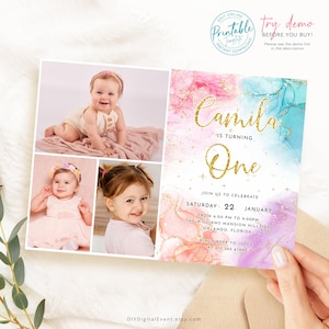 Modèle d'invitation modifiable pour le premier anniversaire, 1er anniversaire arc-en-ciel coloré imprimable avec collage de photos, invitation 1er anniversaire or J1